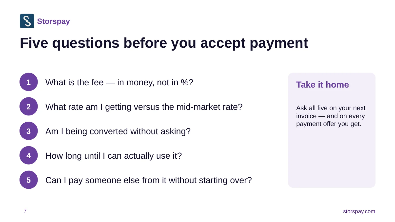 Diapositive 7 sur 21 : Cinq questions avant d’accepter un paiement